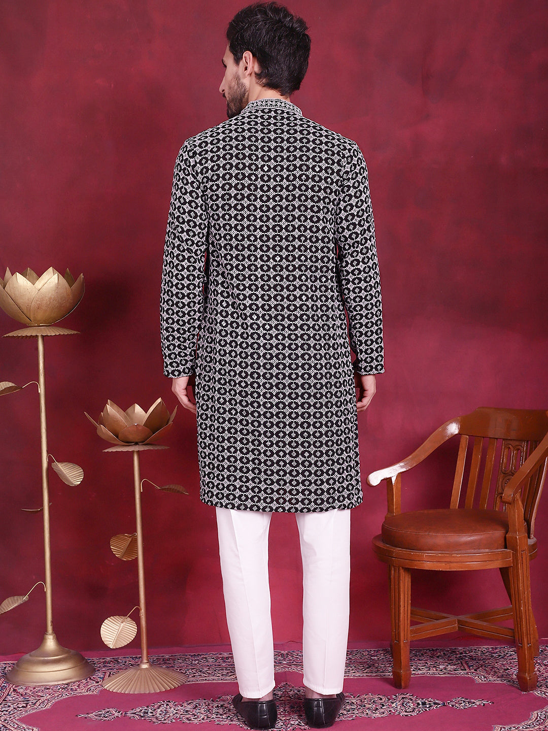 Grey Sequins Embroidered Kurta Pajama Set for Men