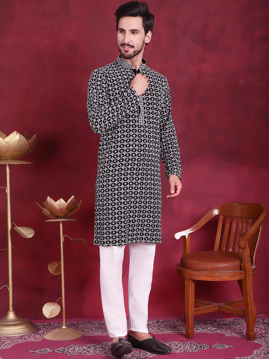 Grey Sequins Embroidered Kurta Pajama Set for Men