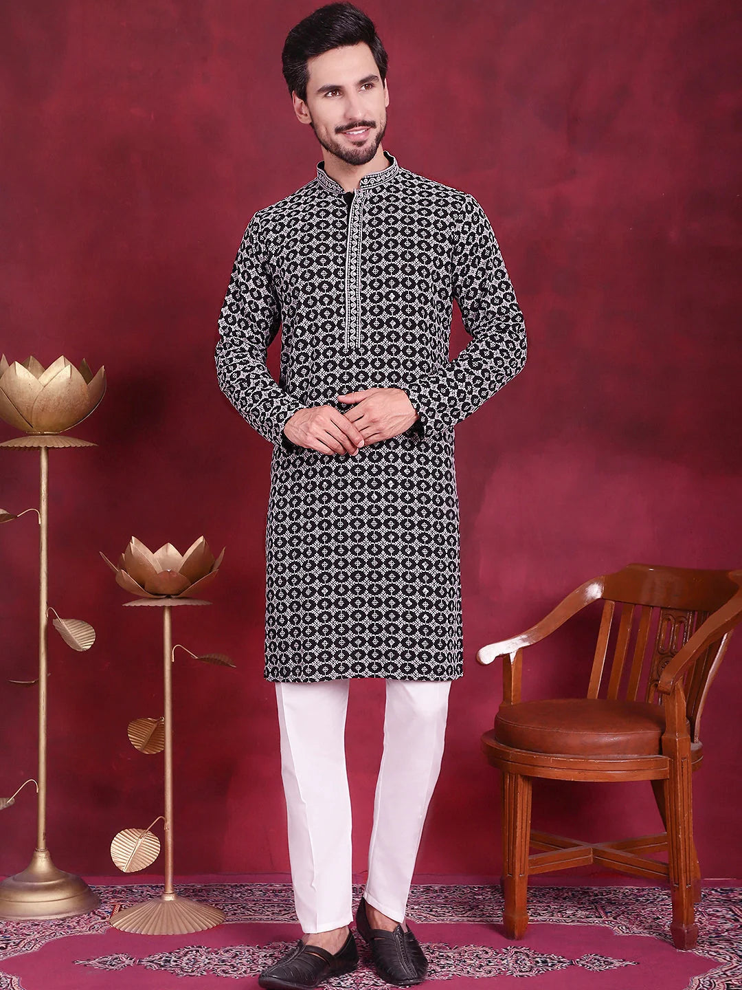 Grey Sequins Embroidered Kurta Pajama Set for Men