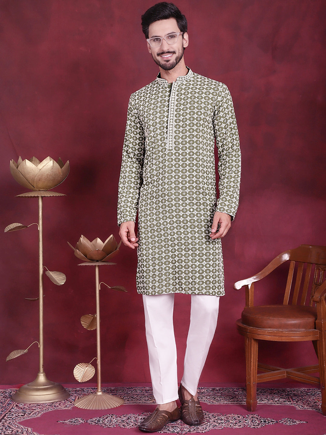 Men's Sequins Embroidered Kurta with Pyjama ( JOKP 5023 Mehndi )