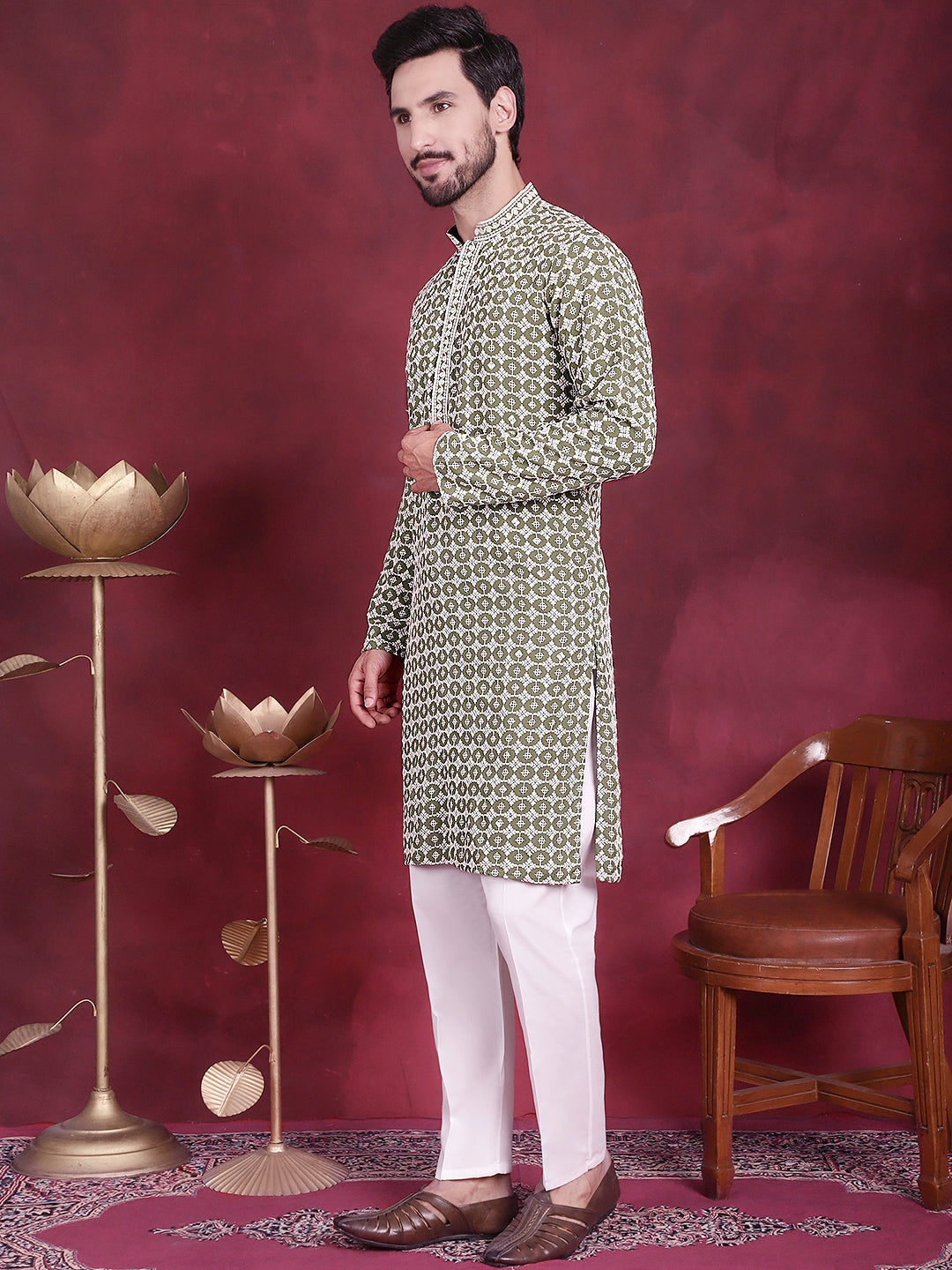 Mehndi Sequins Embroidered Kurta Pajama Set for Men