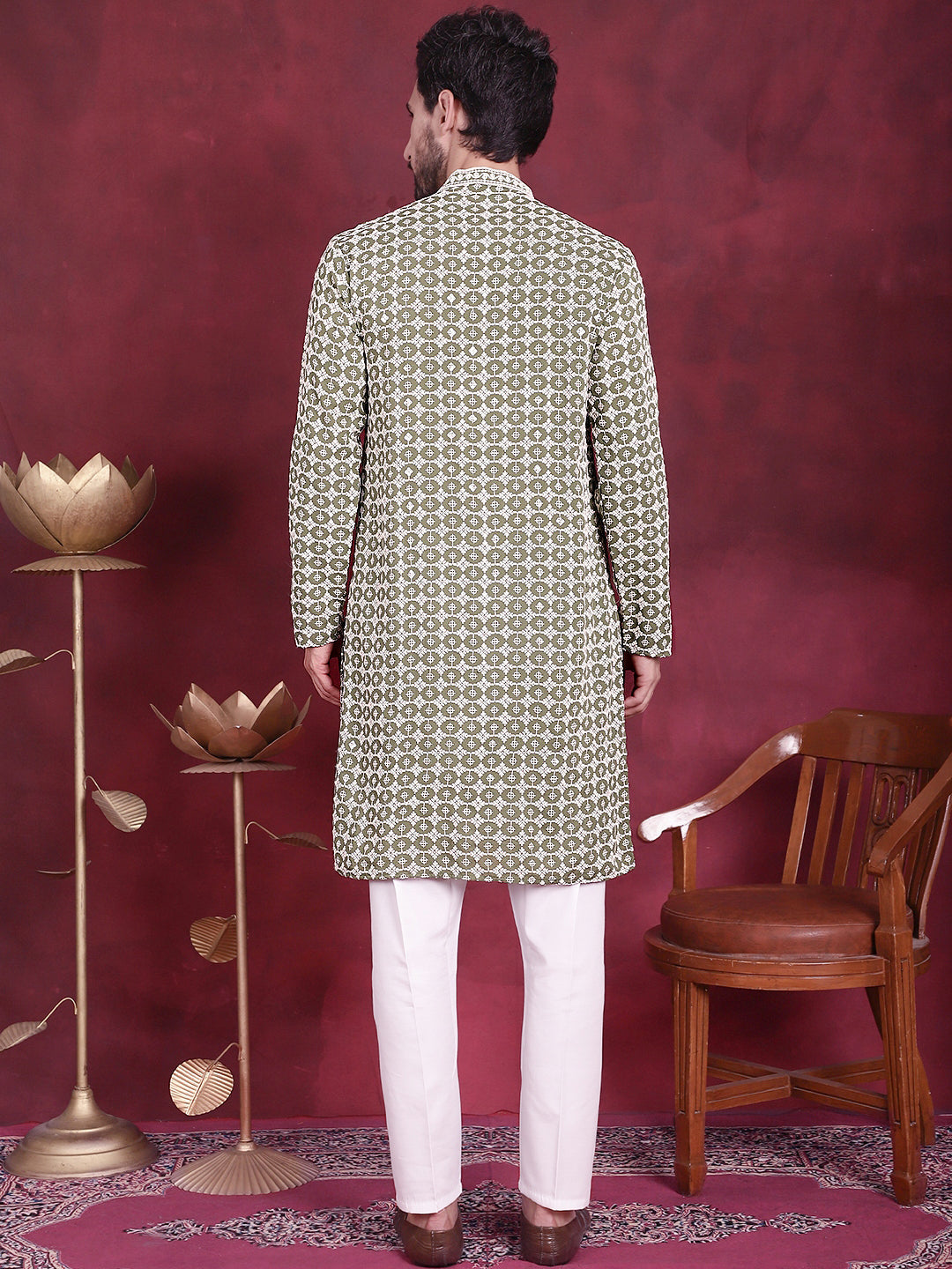 Mehndi Sequins Embroidered Kurta Pajama Set for Men