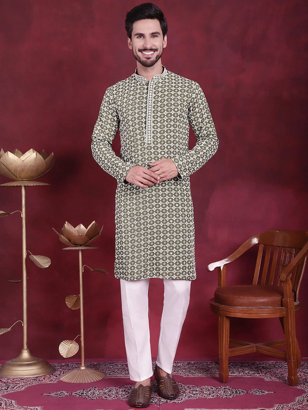 Mehndi Sequins Embroidered Kurta Pajama Set for Men