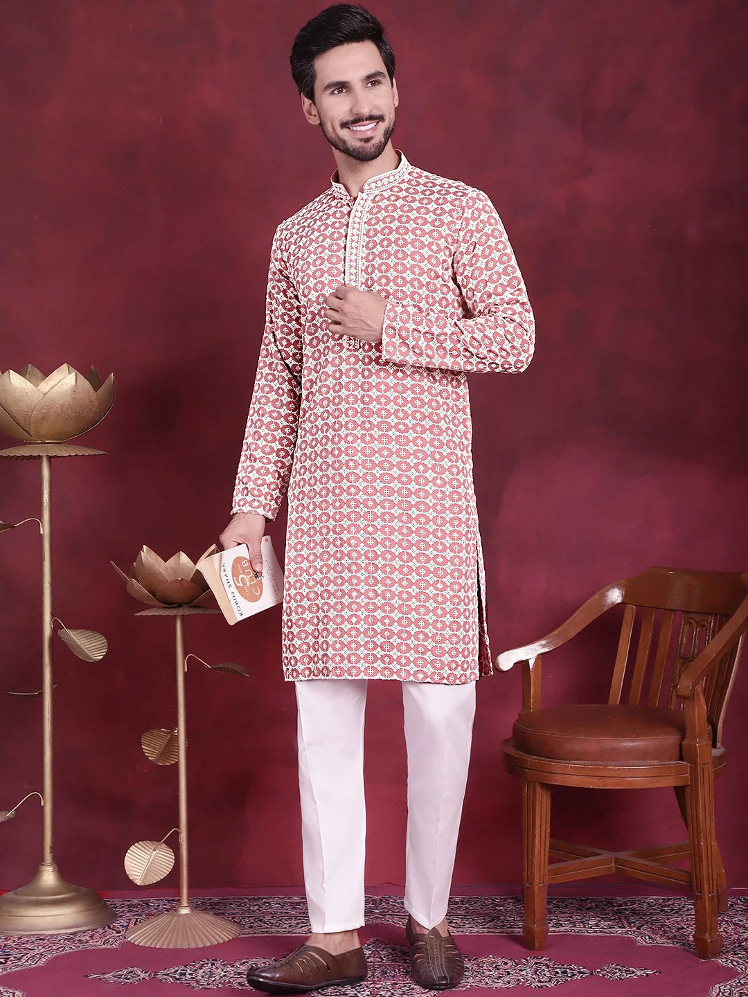 Men's Sequins Embroidered Kurta with Pyjama ( JOKP 5023 Peach )