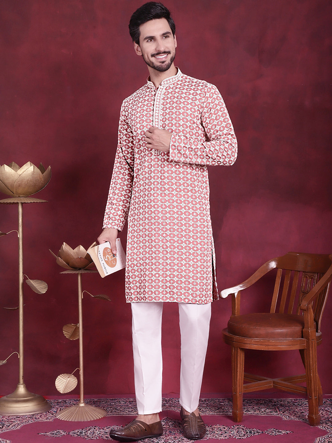 Peach Sequins Embroidered Kurta Pajama Set for Men