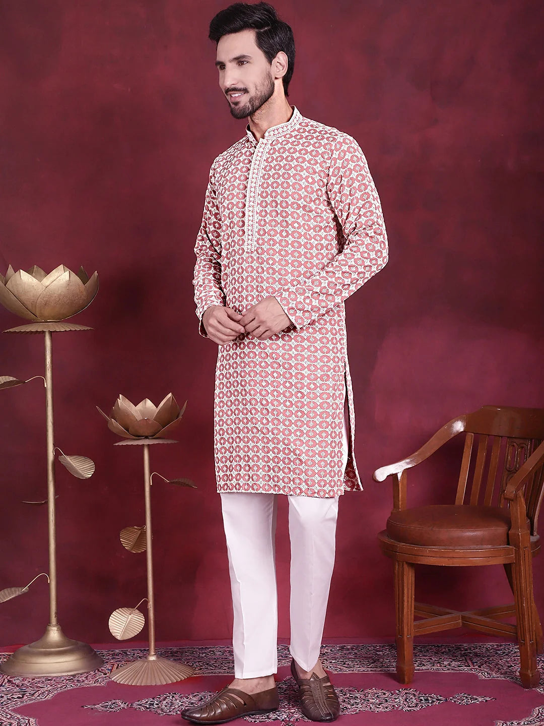Peach Sequins Embroidered Kurta Pajama Set for Men