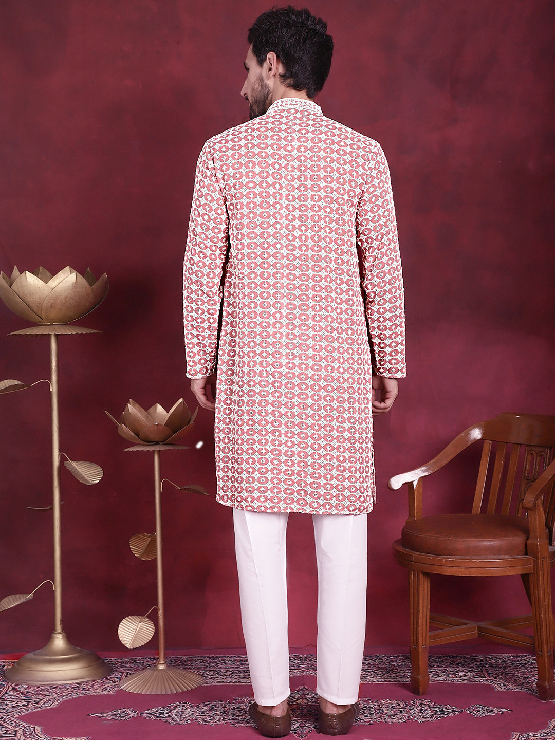 Peach Sequins Embroidered Kurta Pajama Set for Men