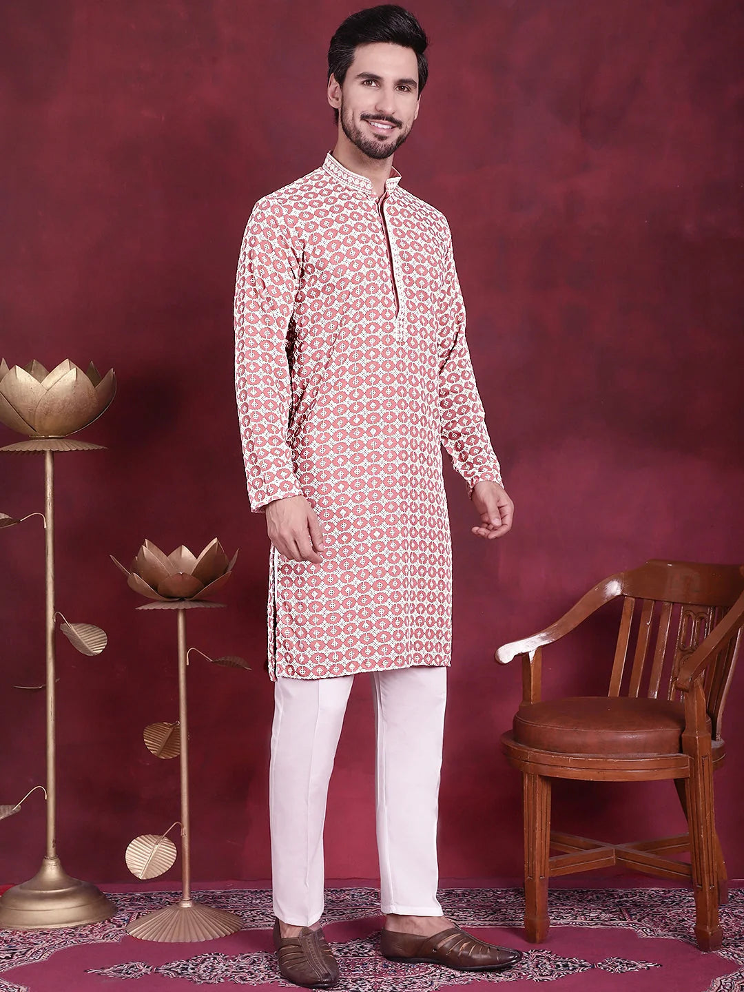 Peach Sequins Embroidered Kurta Pajama Set for Men