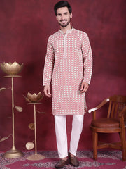Men's Sequins Embroidered Kurta with Pyjama ( JOKP 5023 Peach )