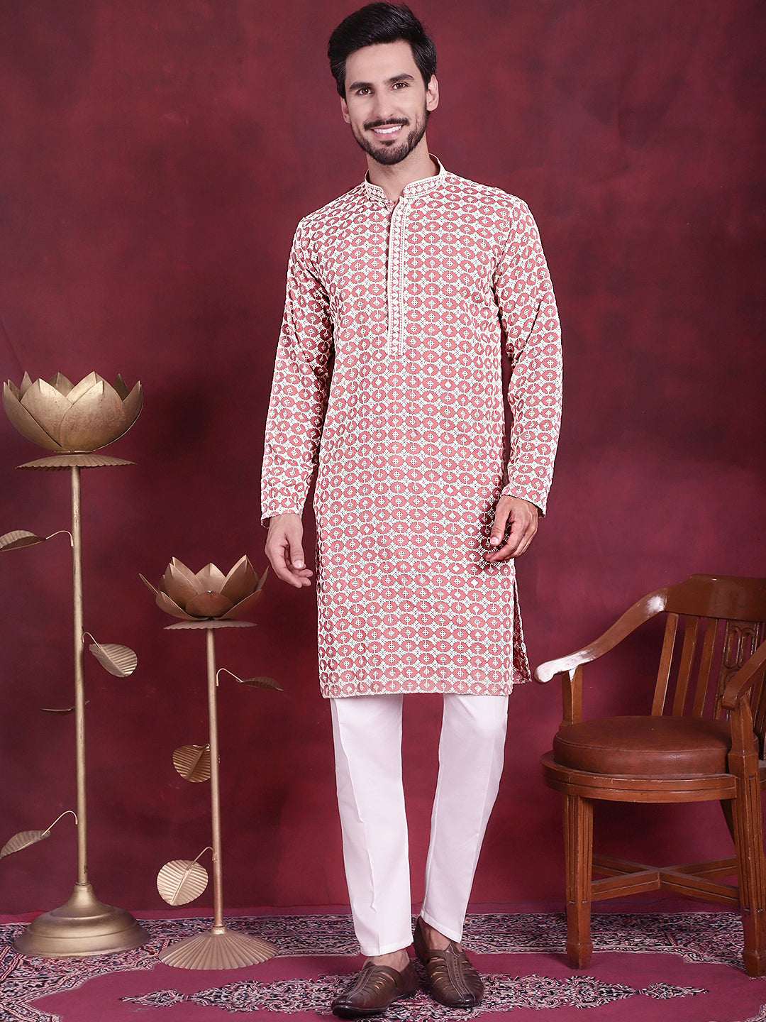 Peach Sequins Embroidered Kurta Pajama Set for Men