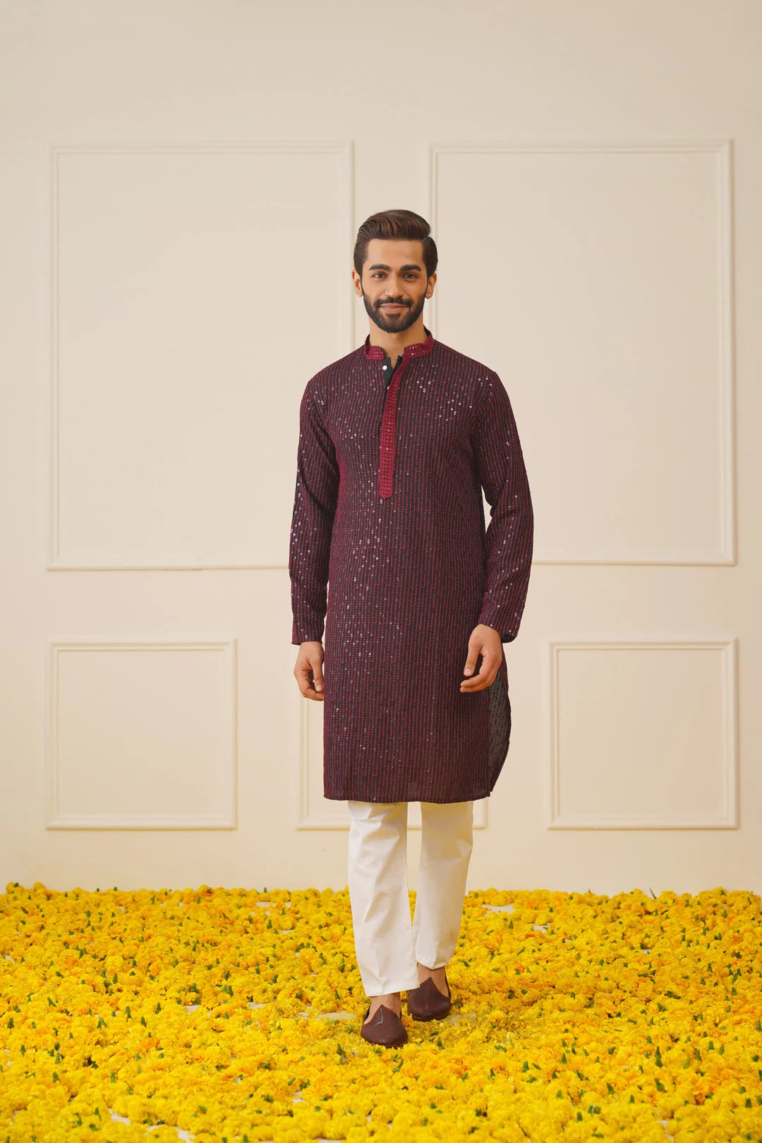 Maroon Embroidered Mens Kurta Pajama Set | Party Wear