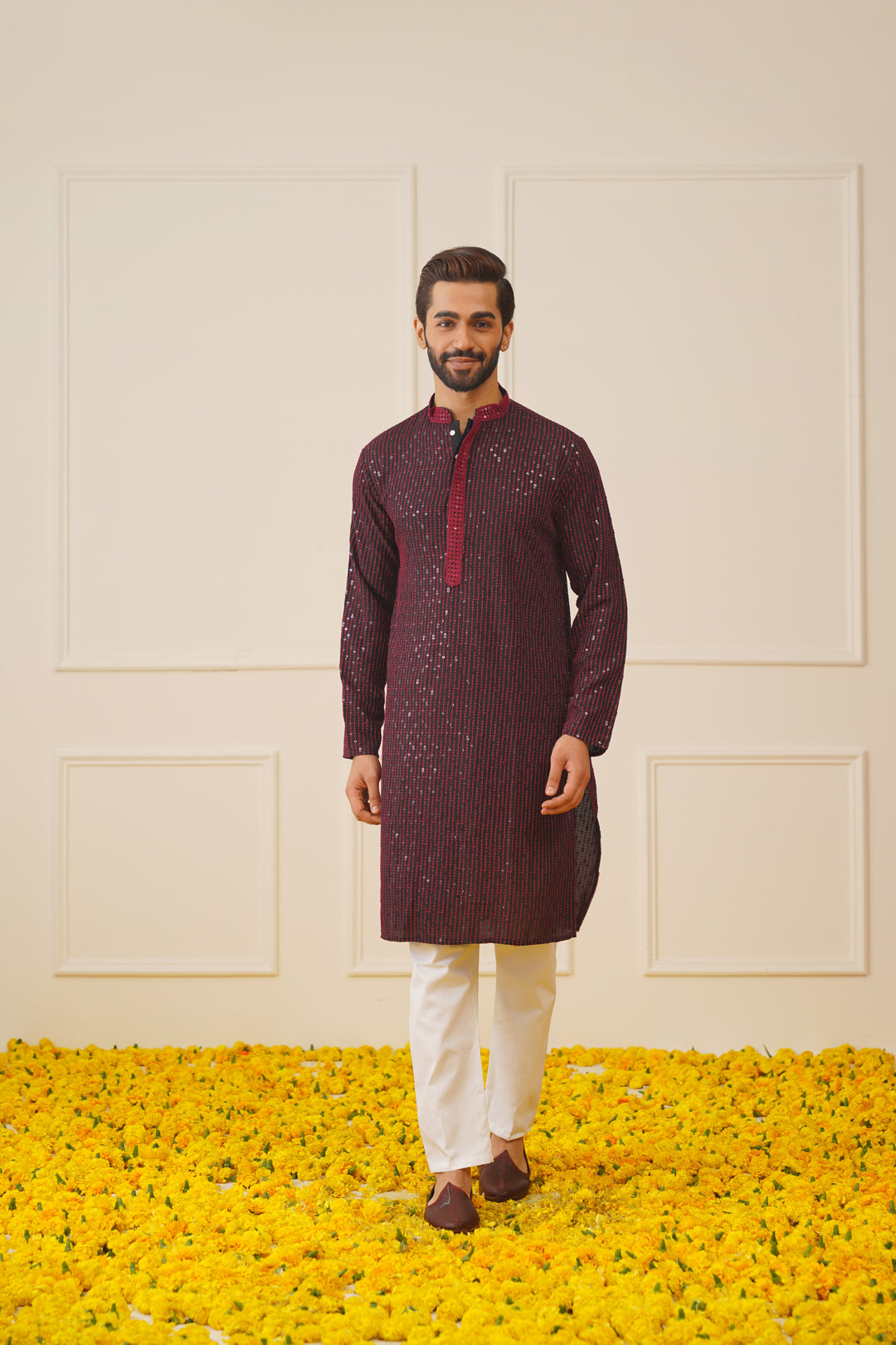 Men's Sequins Chikankari Embroidered Kurta with Pyjama ( JOKP P 5024Maroon )