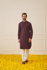 Men's Sequins Chikankari Embroidered Kurta with Pyjama ( JOKP P 5024Maroon )