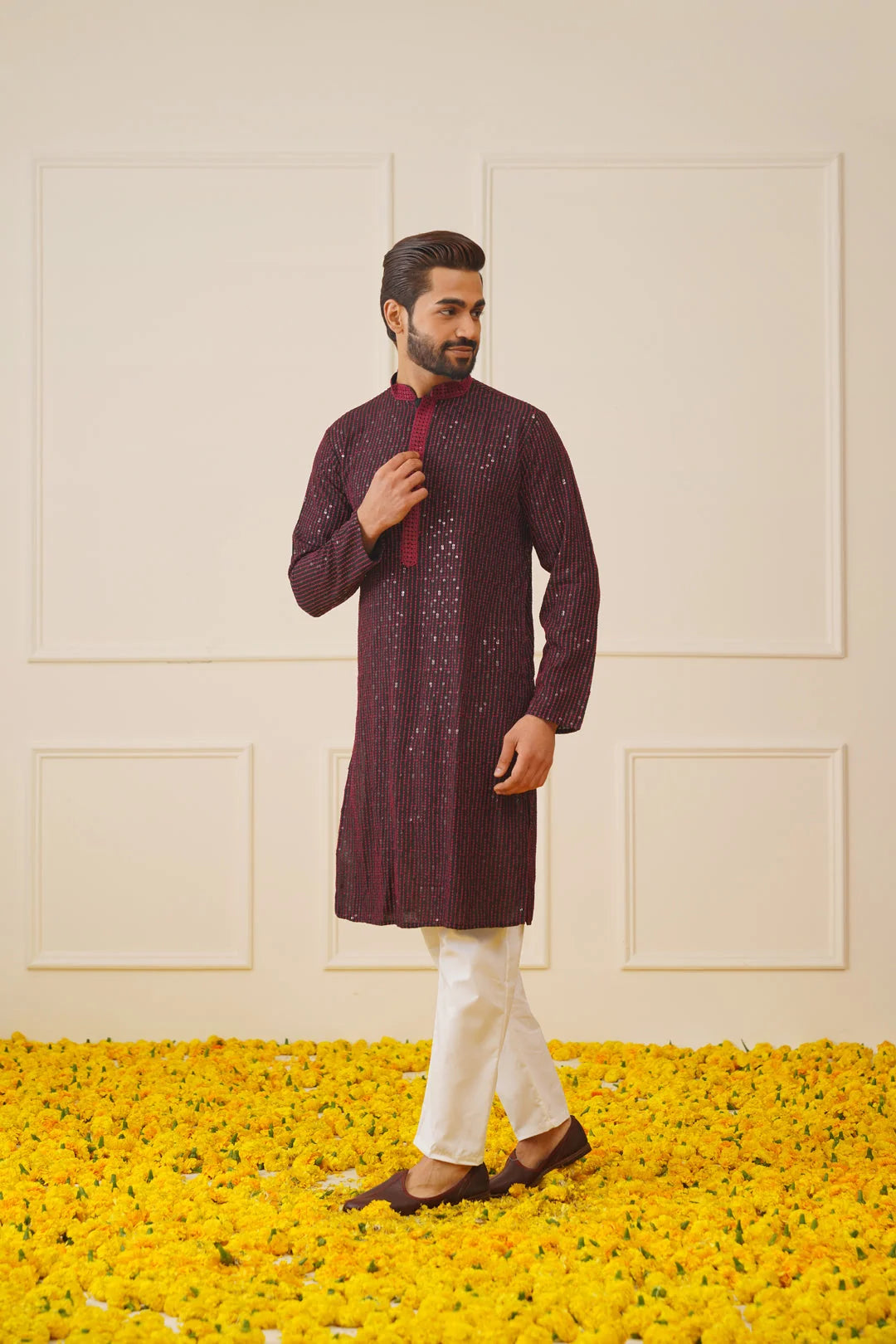 Maroon Embroidered Mens Kurta Pajama Set | Party Wear