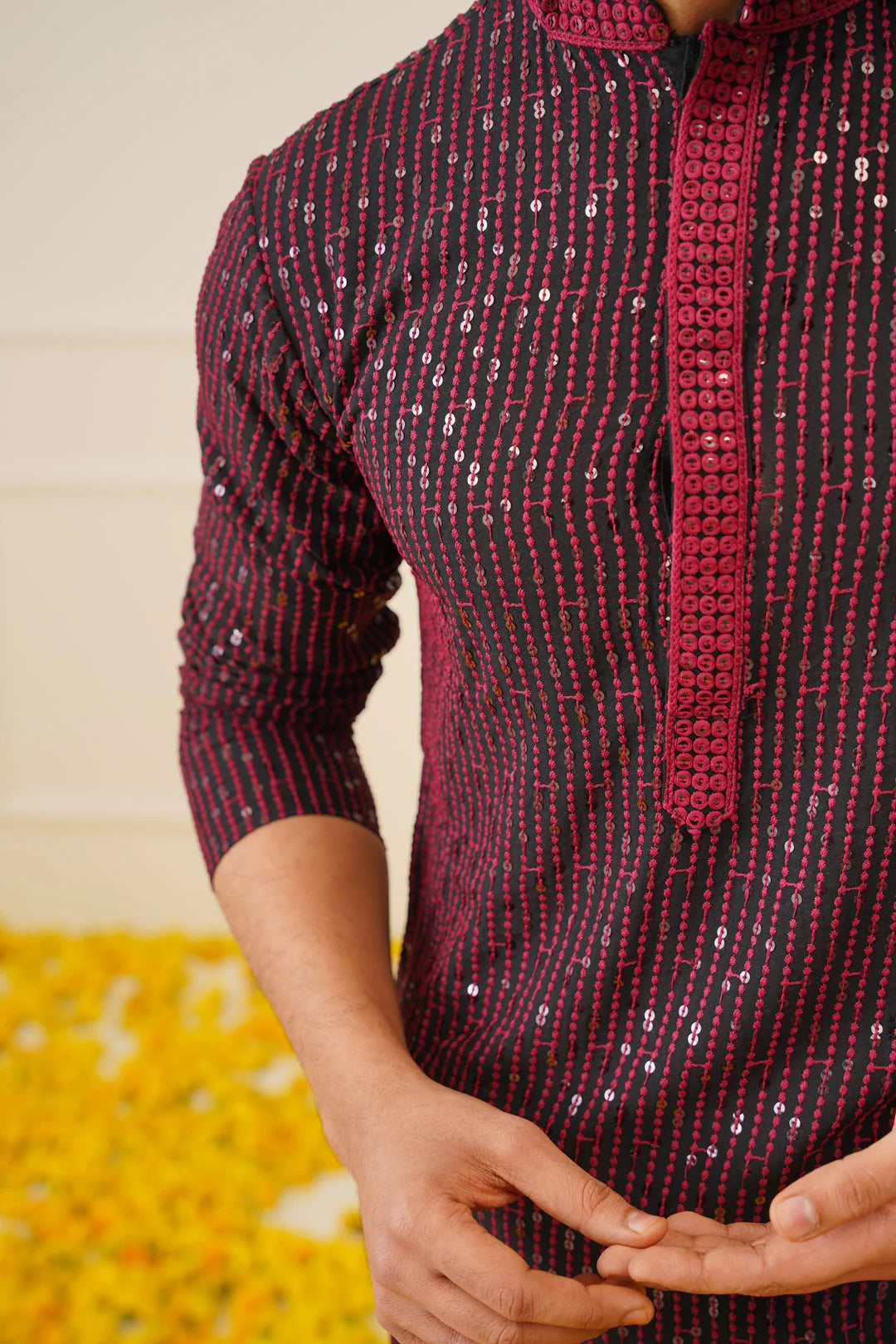 Maroon Mens Kurta: Sequin Chikankari Indian Kurta for Men