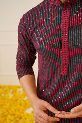 Men's Sequins Chikankari Embroidered Kurta with Pyjama ( JOKP P 5024Maroon )