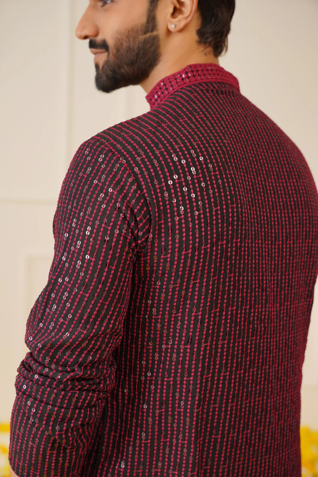 Maroon Mens Kurta: Sequin Chikankari Indian Kurta for Men