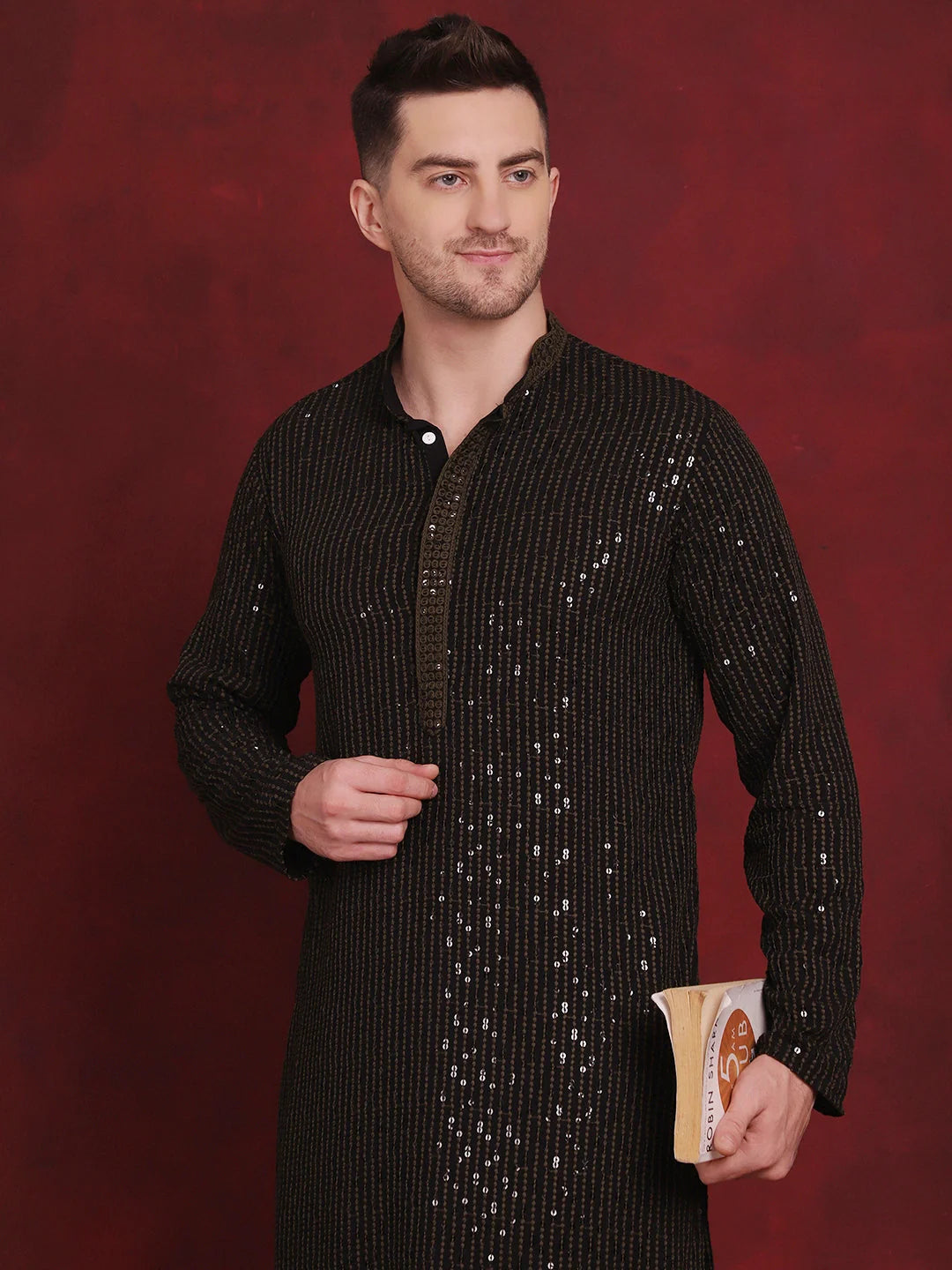 Olive Embroidered Mens Kurta Pajama Set | Viscose Kurta
