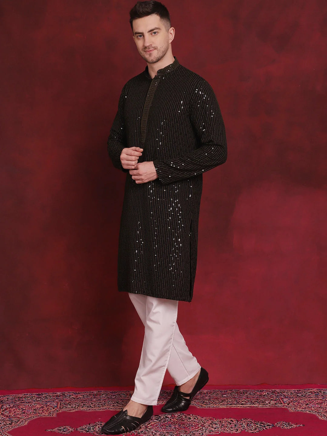 Olive Embroidered Mens Kurta Pajama Set | Viscose Kurta