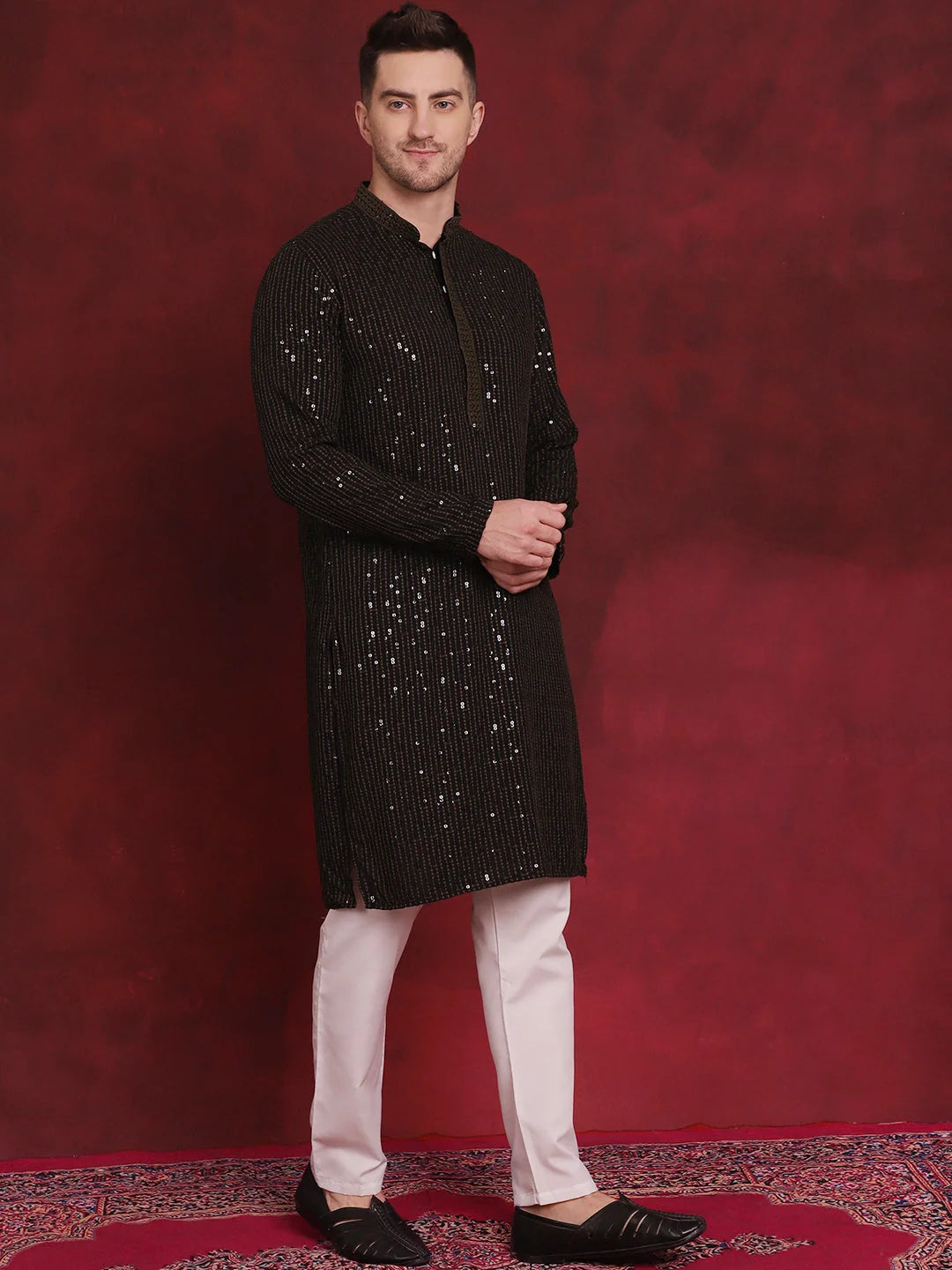 Olive Embroidered Mens Kurta Pajama Set | Viscose Kurta
