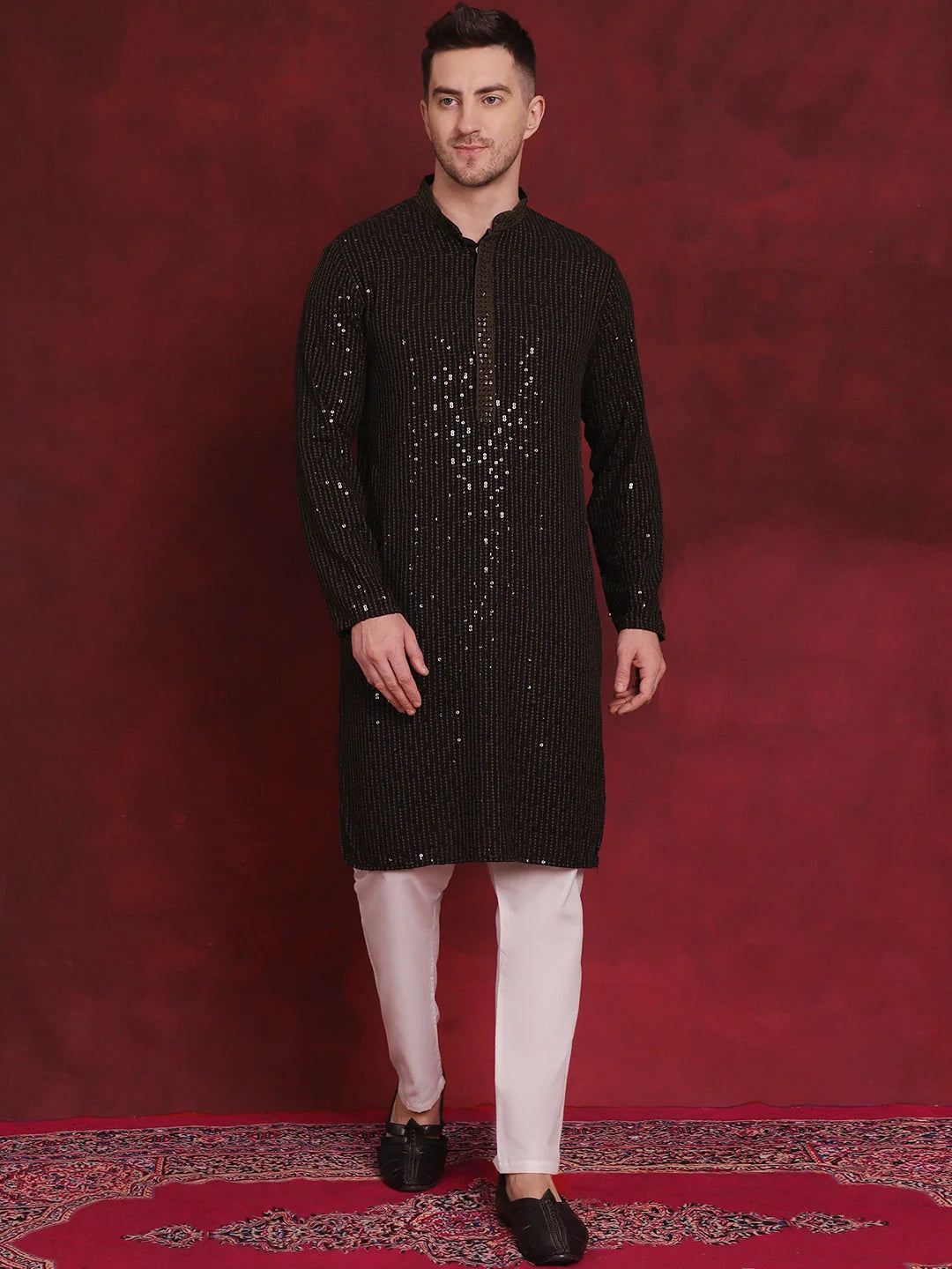 Olive Embroidered Mens Kurta Pajama Set | Viscose Kurta