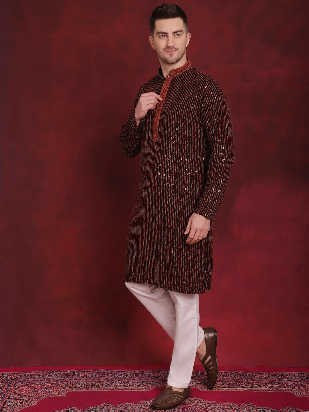 Orange Embroidered Mens Kurta Pajama Set | Pathani Style