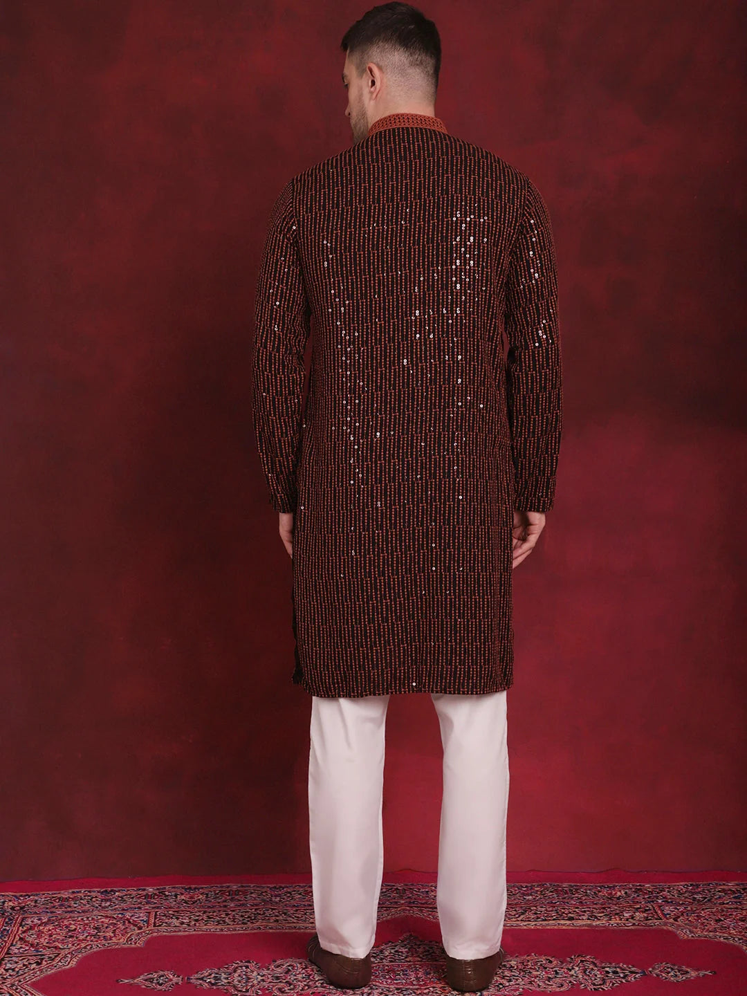 Orange Embroidered Mens Kurta Pajama Set | Pathani Style