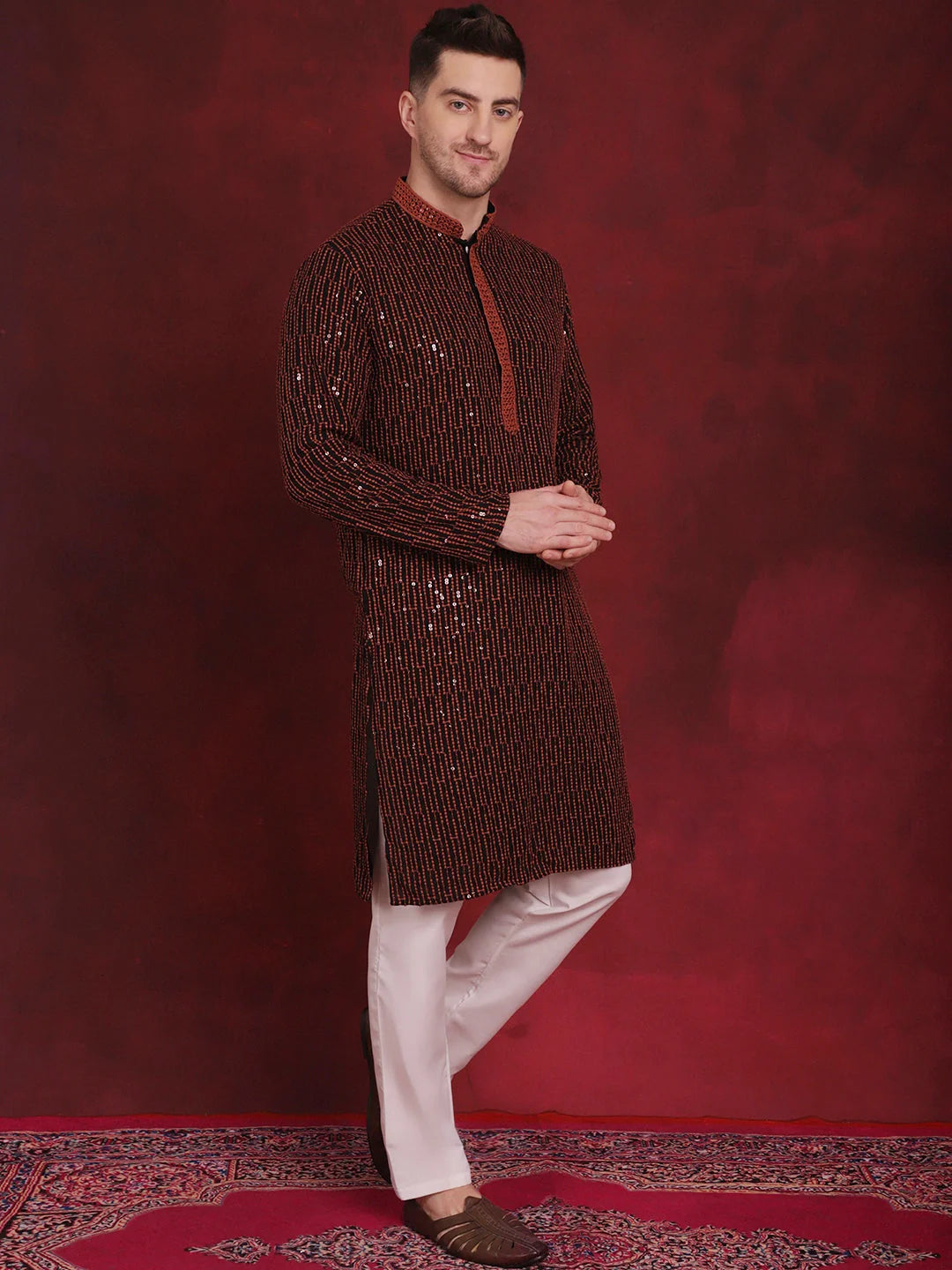 Orange Embroidered Mens Kurta Pajama Set | Pathani Style