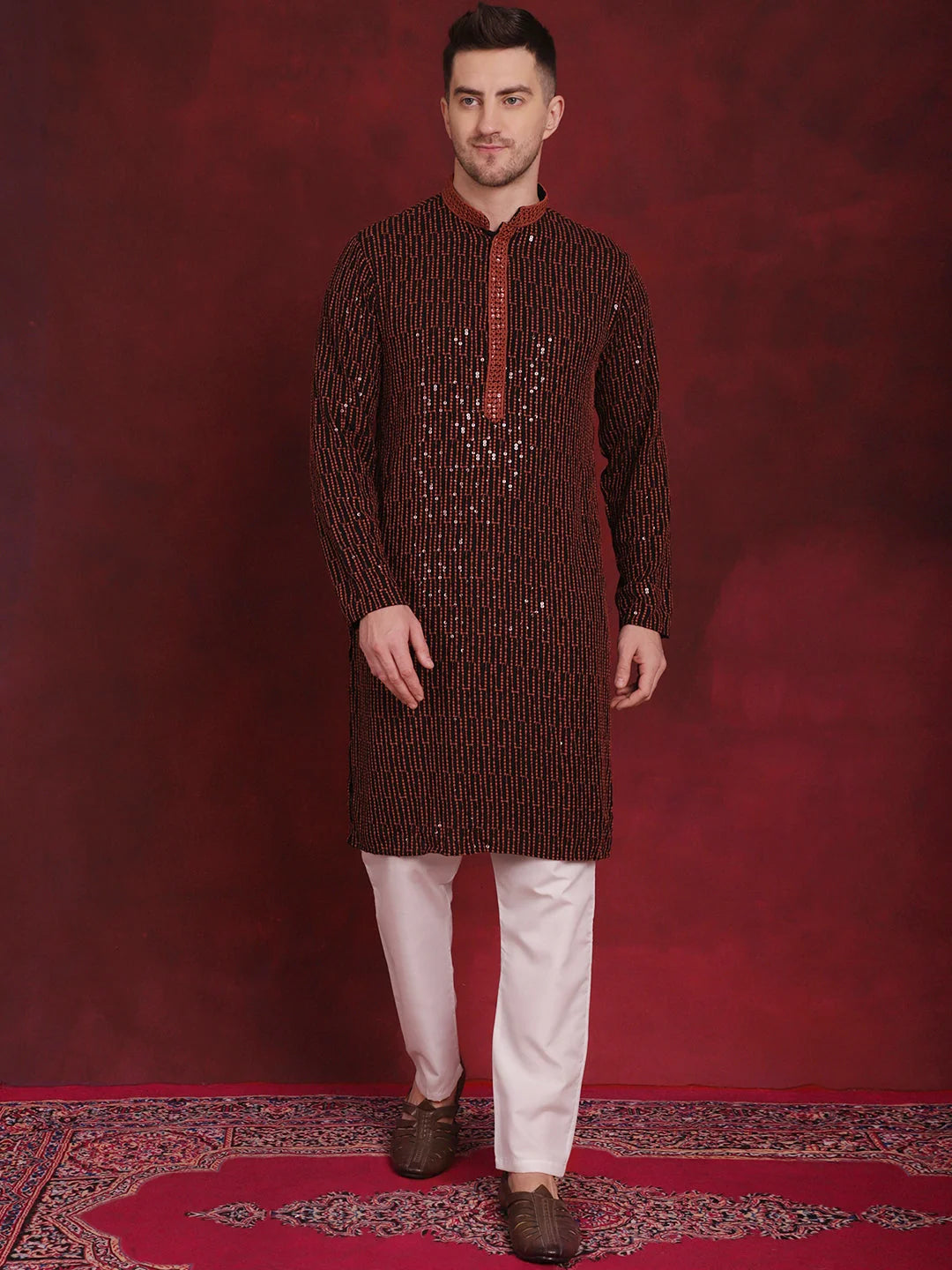 Orange Embroidered Mens Kurta Pajama Set | Pathani Style