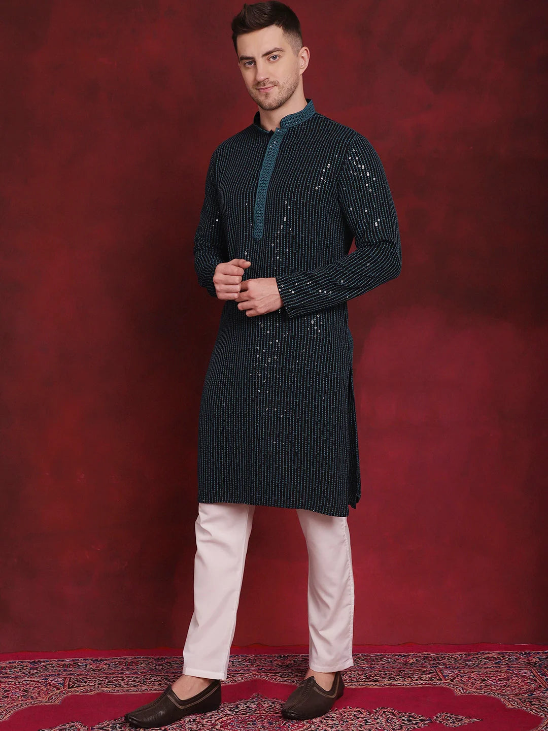 Mens Kurta Pajama Set: Sequin Chikankari Embroidered Peacock K...