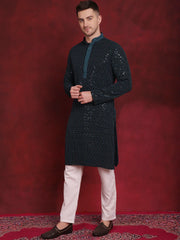 Men's Sequins Chikankari Embroidered Kurta with Pyjama ( JOKP P 5024Peacock )