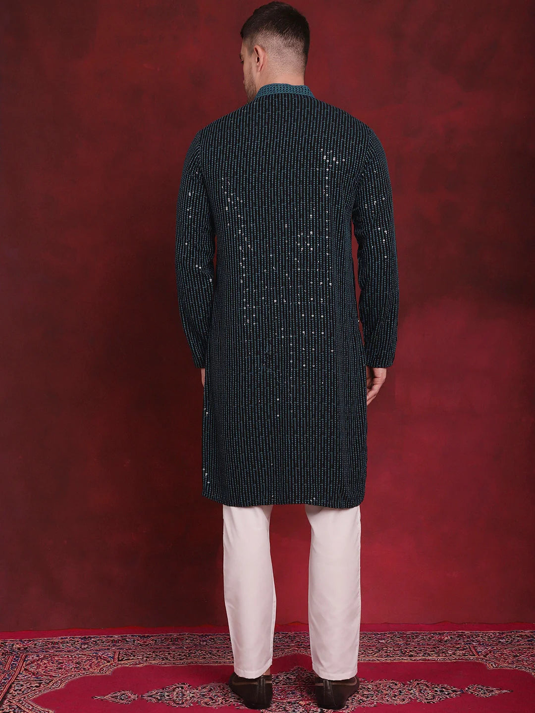 Mens Kurta Pajama Set: Sequin Chikankari Embroidered Peacock K...