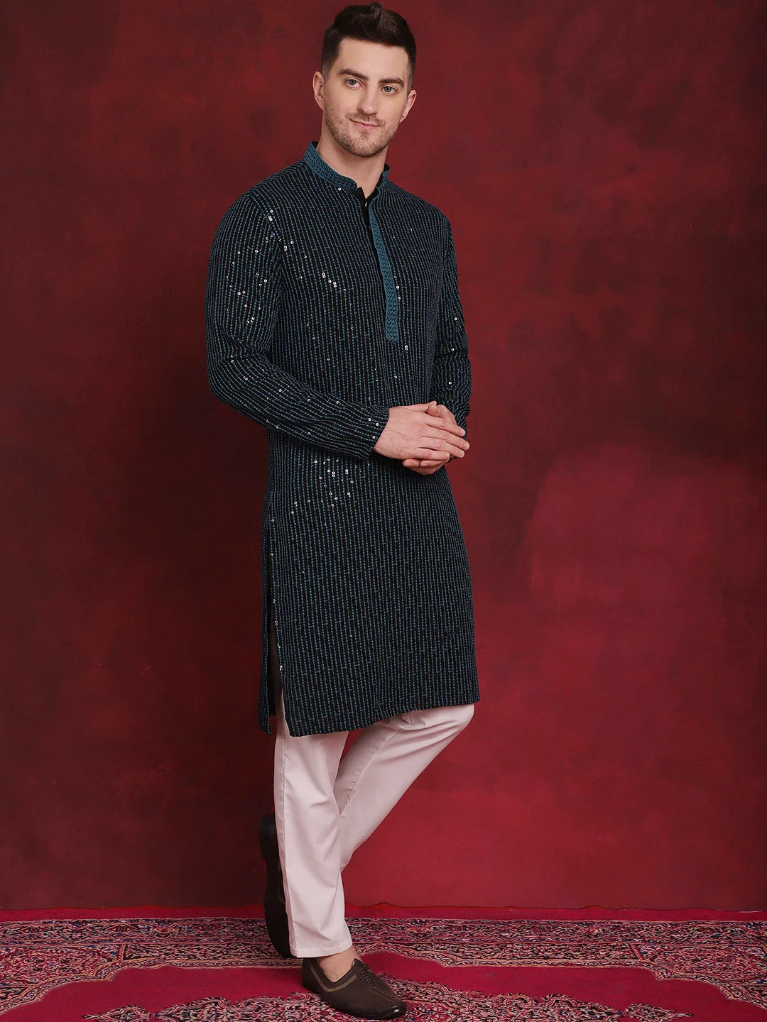 Mens Kurta Pajama Set: Sequin Chikankari Embroidered Peacock K...
