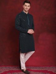 Men's Sequins Chikankari Embroidered Kurta with Pyjama ( JOKP P 5024Peacock )