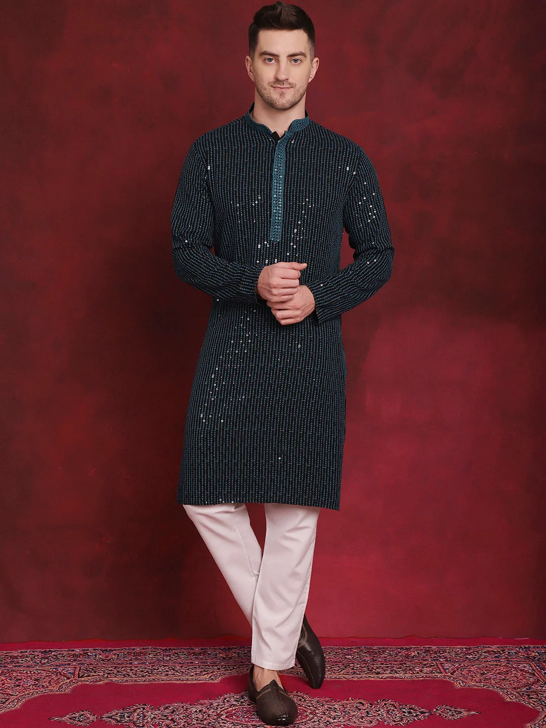 Mens Kurta Pajama Set: Sequin Chikankari Embroidered Peacock K...