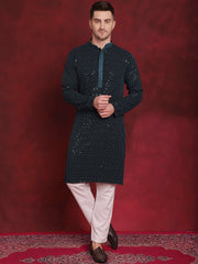Men's Sequins Chikankari Embroidered Kurta with Pyjama ( JOKP P 5024Peacock )