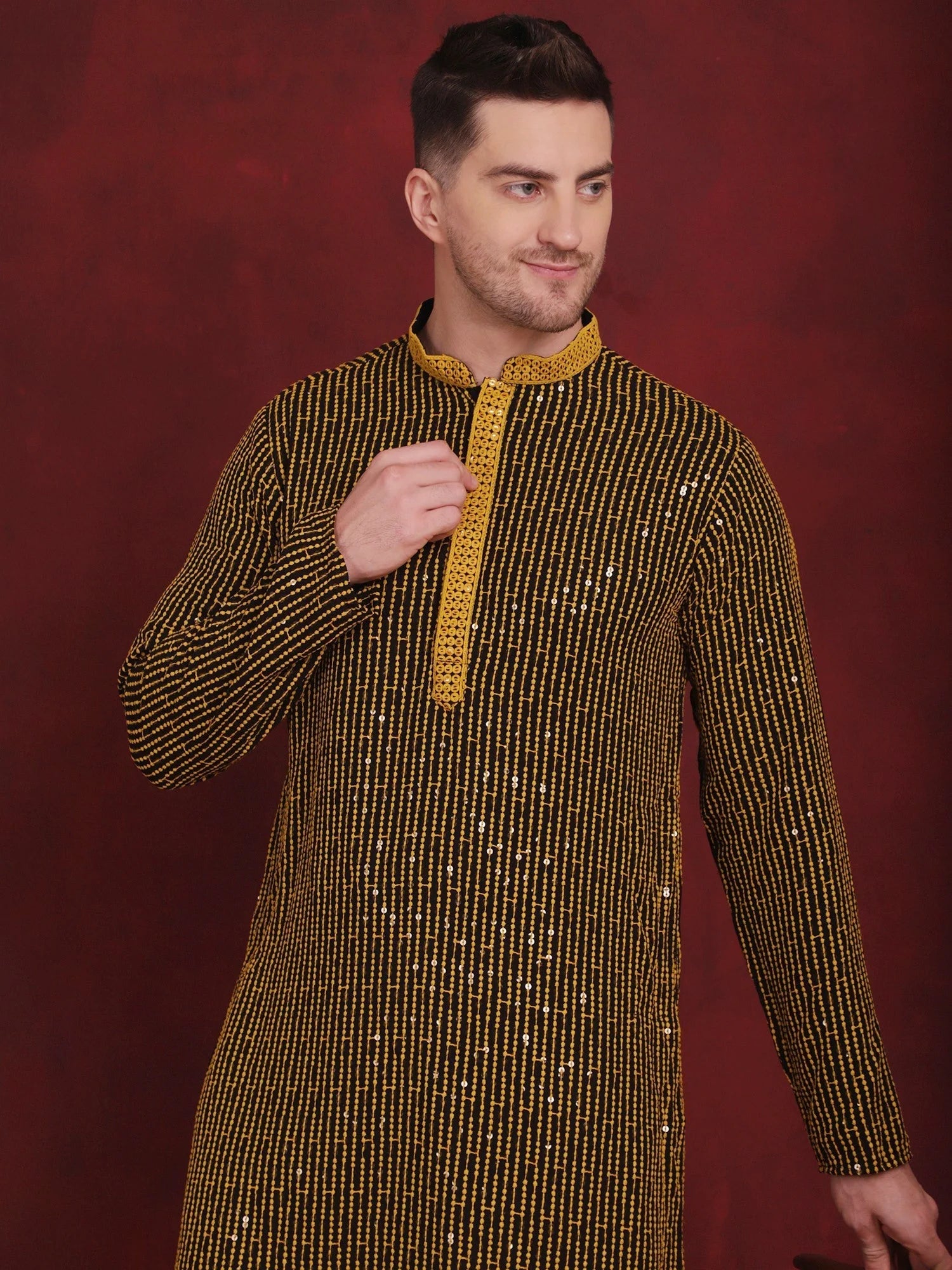 Yellow Sequins Chikankari Embroidered Mens Kurta Pajama Set
