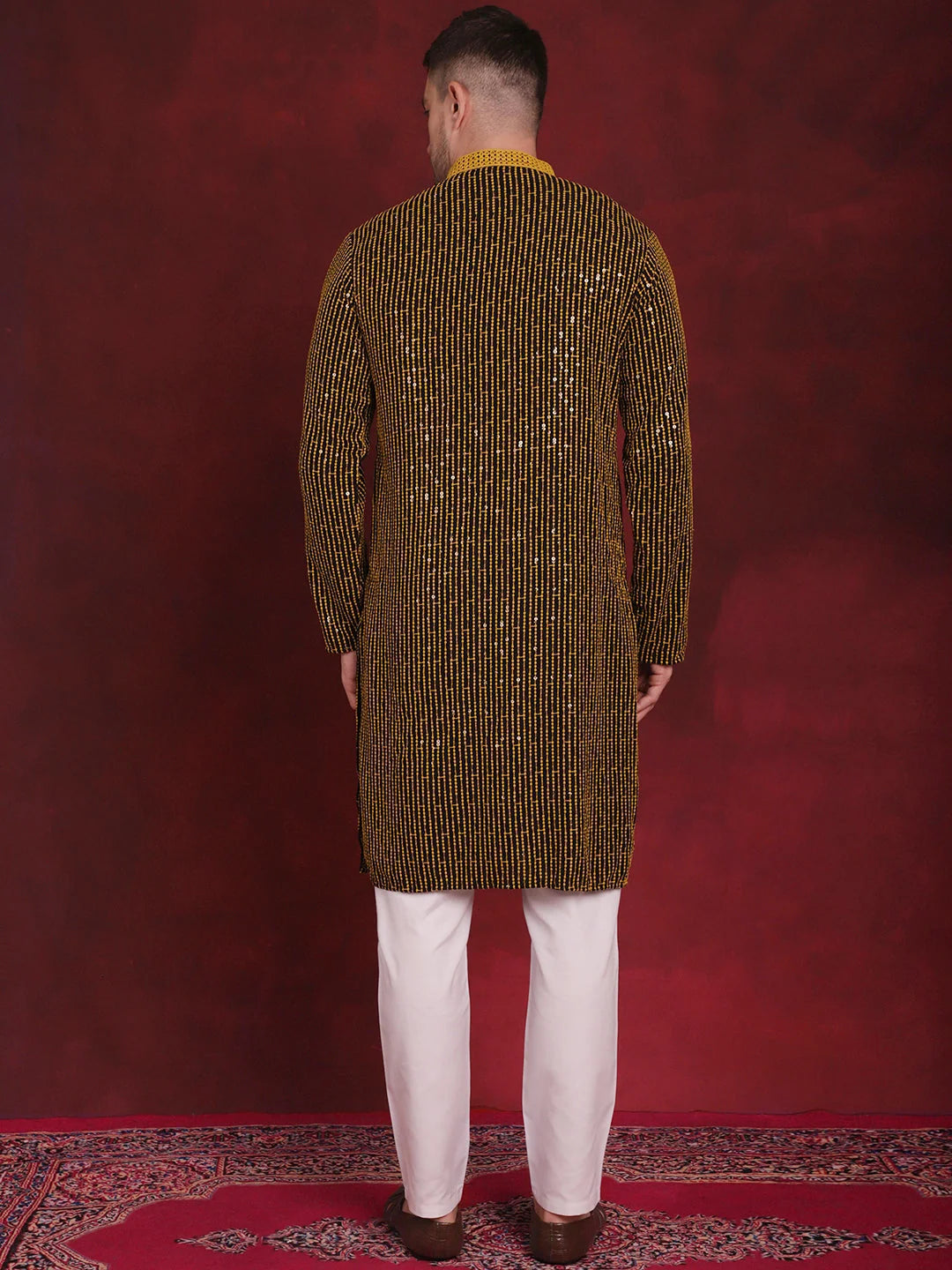 Yellow Sequins Chikankari Embroidered Mens Kurta Pajama Set