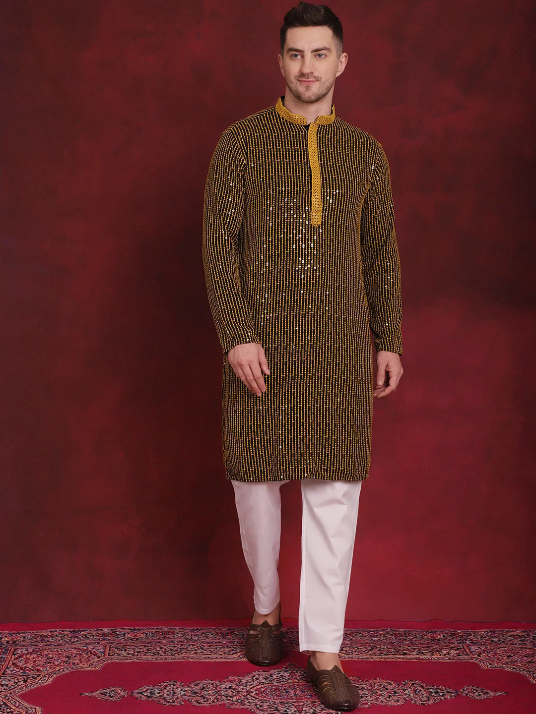Yellow Sequins Chikankari Embroidered Mens Kurta Pajama Set
