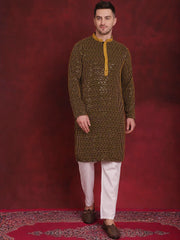 Men's Sequins Chikankari Embroidered Kurta with Pyjama ( JOKP P 5024Yellow )