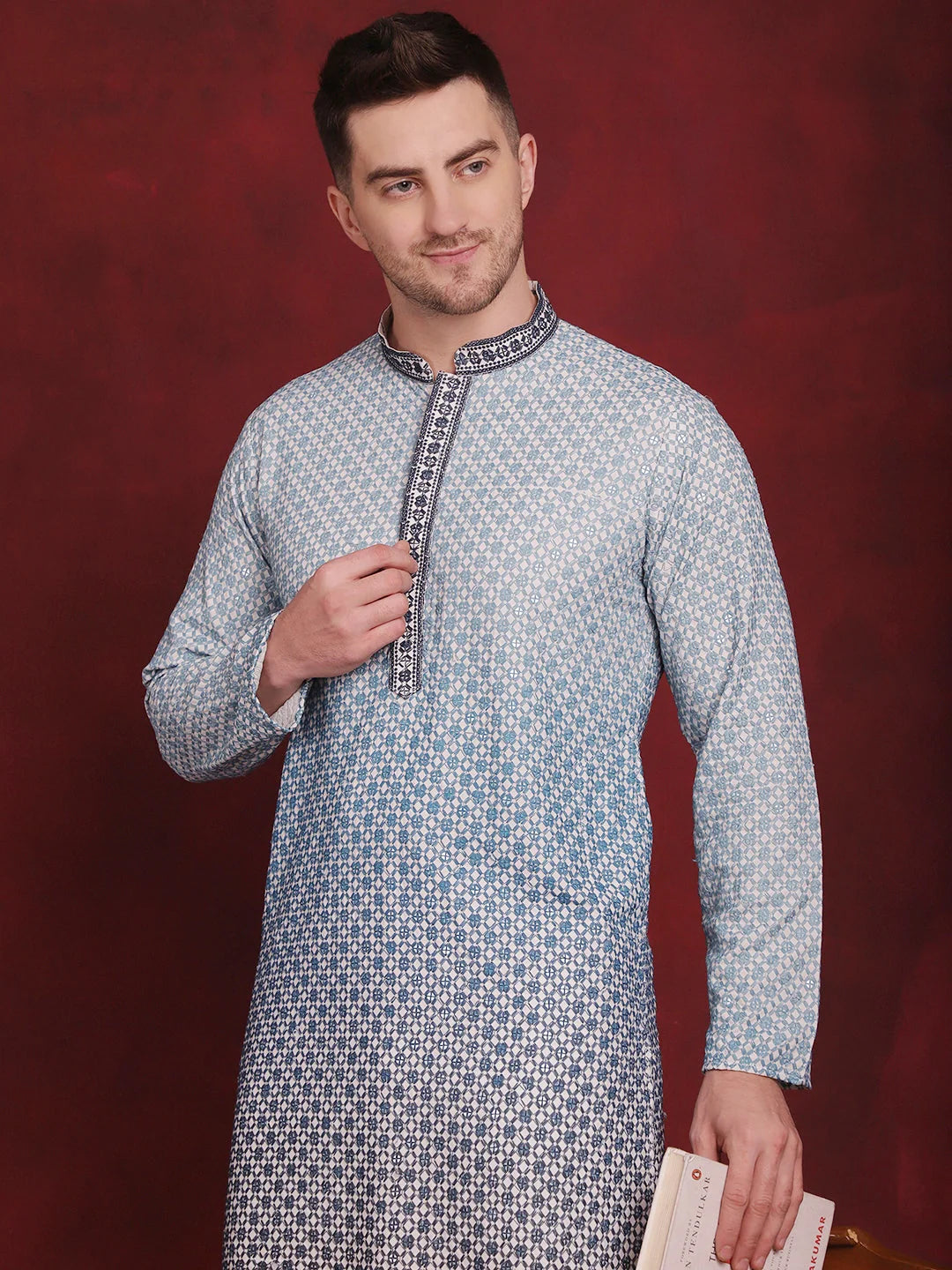 Blue Sequin Embroidered Mens Kurta Pajama Set | Ethnic Wear
