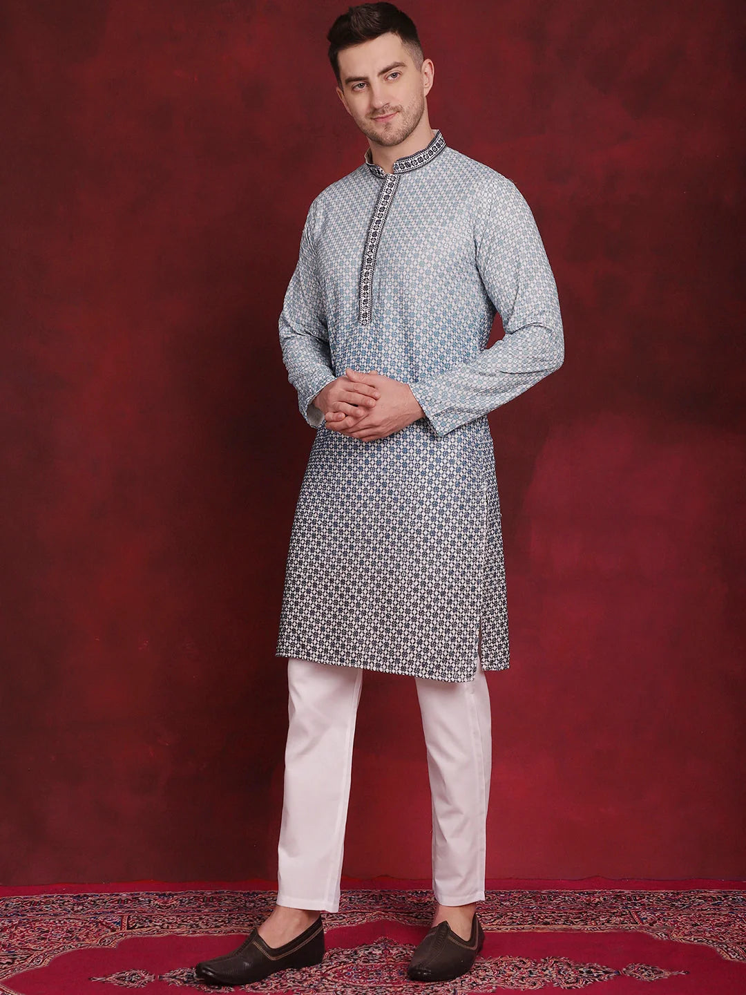 Blue Sequin Embroidered Mens Kurta Pajama Set | Ethnic Wear