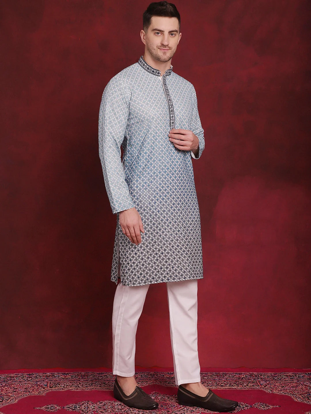 Blue Sequin Embroidered Mens Kurta Pajama Set | Ethnic Wear