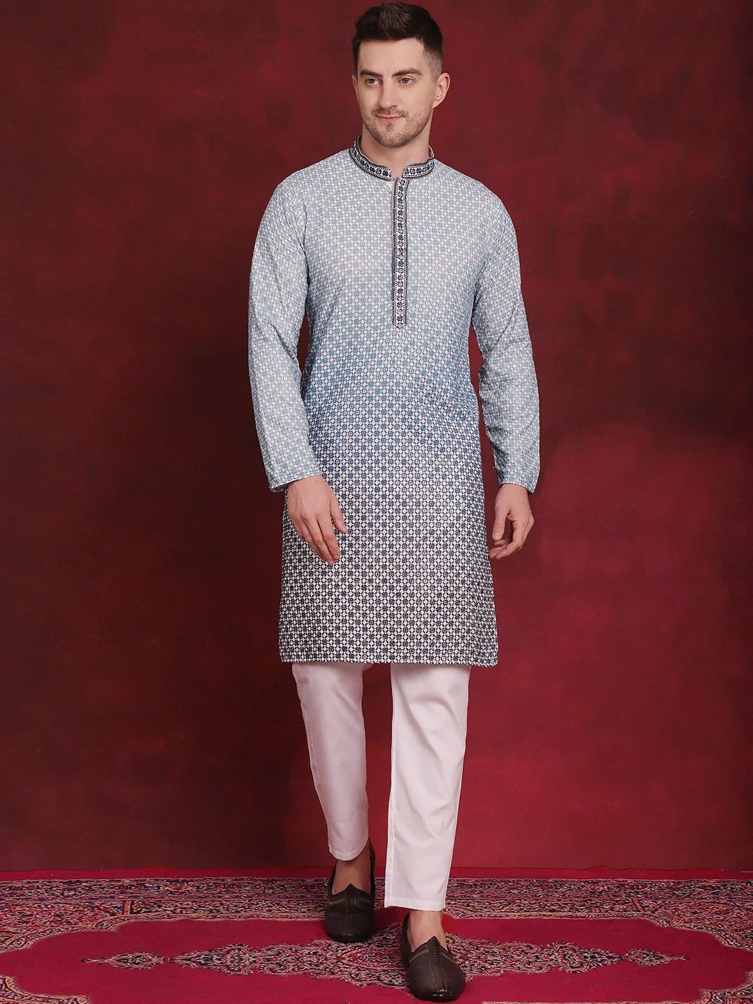 Blue Sequin Embroidered Mens Kurta Pajama Set | Ethnic Wear