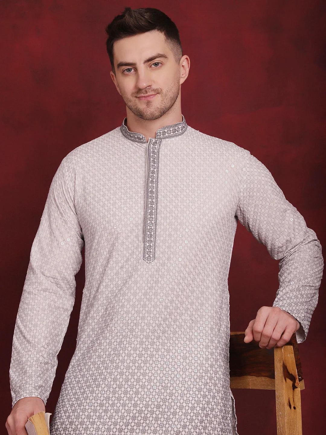 Grey Sequin Embroidered Mens Kurta Pajama Set | Party Wear