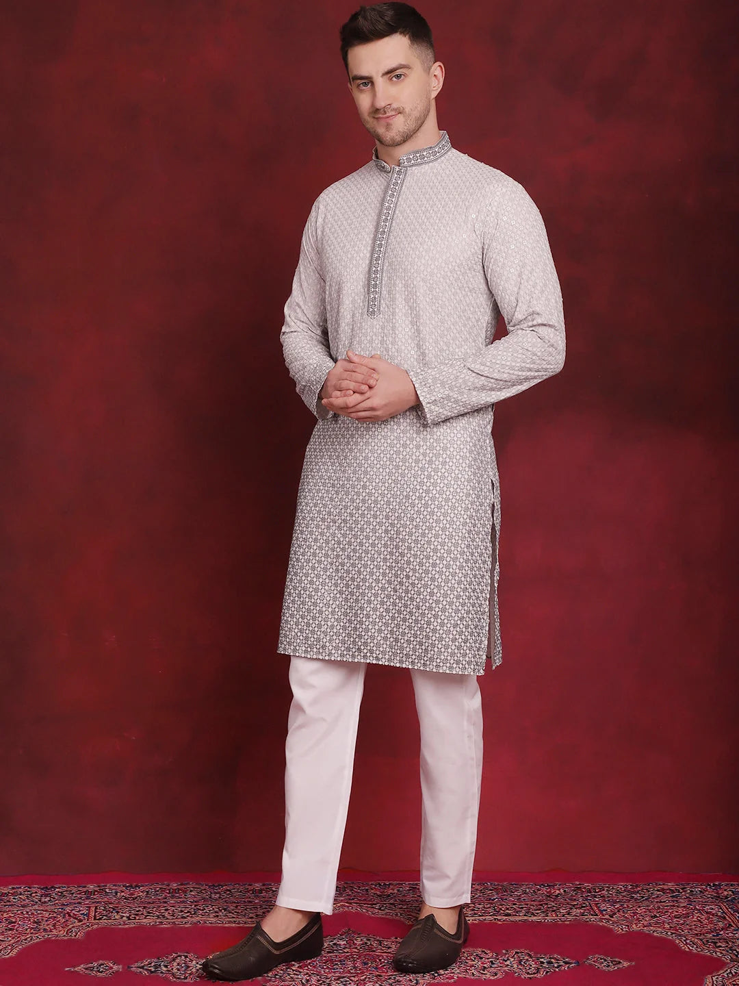 Grey Sequin Embroidered Mens Kurta Pajama Set | Party Wear