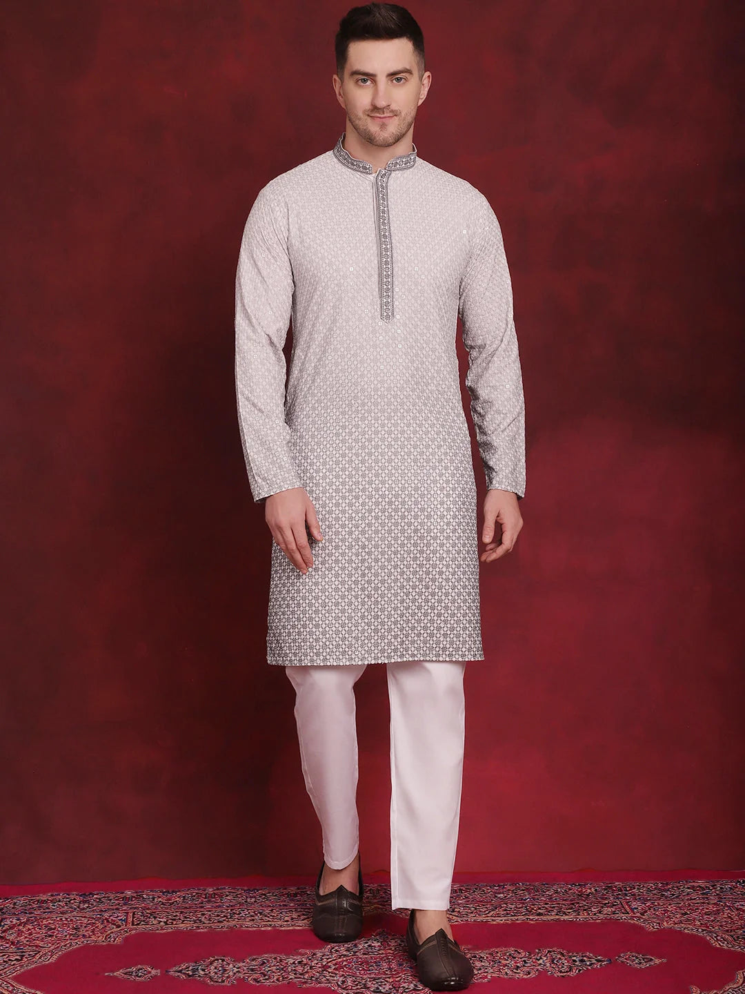 Grey Sequin Embroidered Mens Kurta Pajama Set | Party Wear