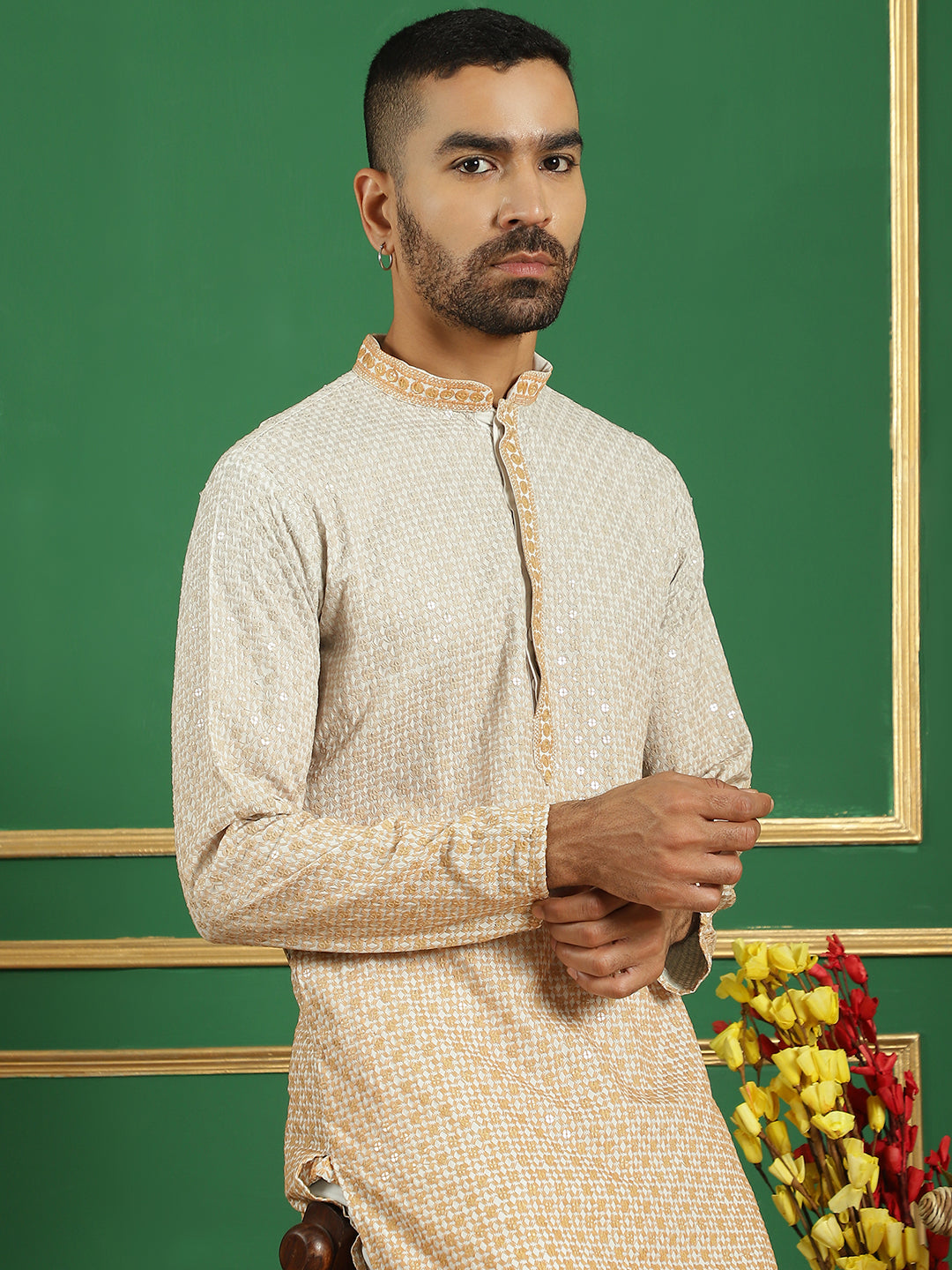 Mustard Embroidered Mens Kurta Pajama Set - Rayon Kurta