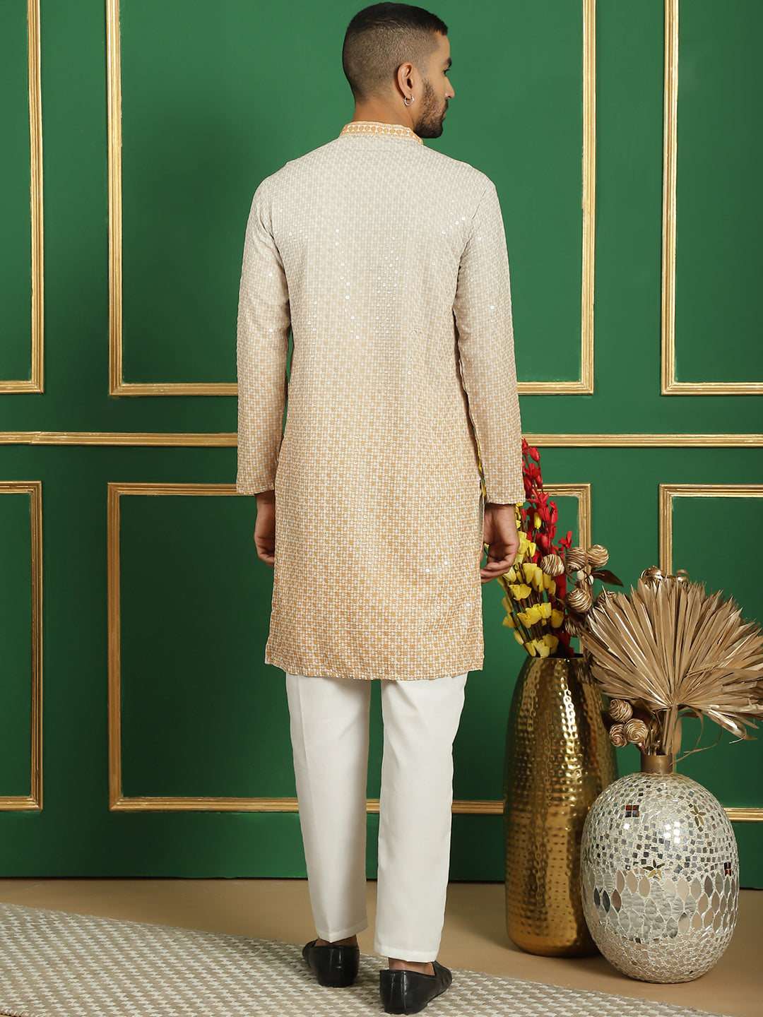 Mustard Embroidered Mens Kurta Pajama Set - Rayon Kurta