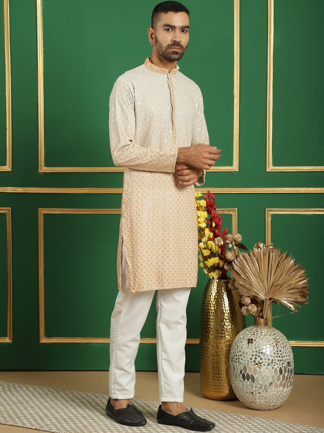 Mustard Embroidered Mens Kurta Pajama Set - Rayon Kurta